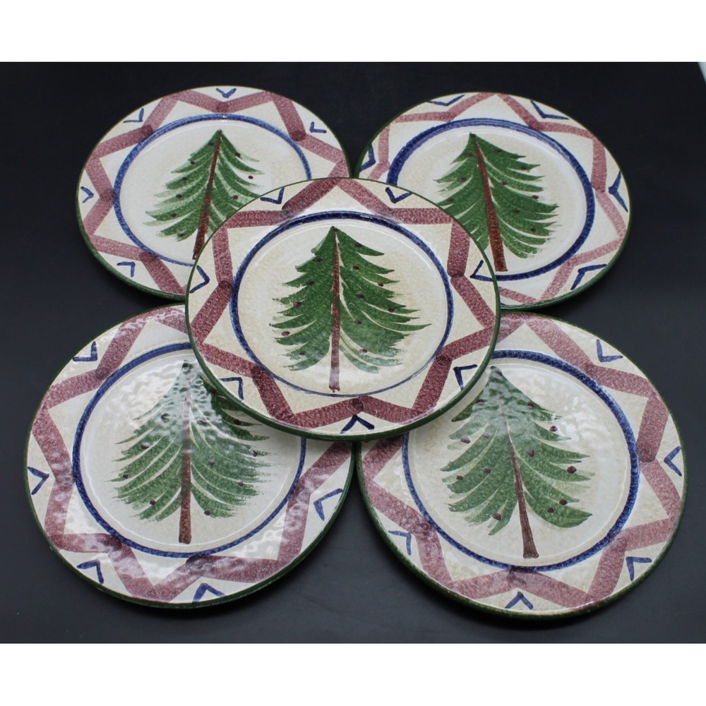 The Cellar Log Cabin Christmas Salad Plates Set 5 Tree Holiday 8in Ceramic Italy